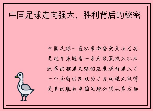 中国足球走向强大，胜利背后的秘密