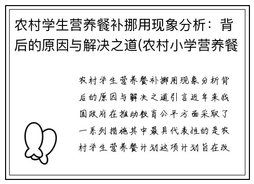 农村学生营养餐补挪用现象分析：背后的原因与解决之道(农村小学营养餐补助)